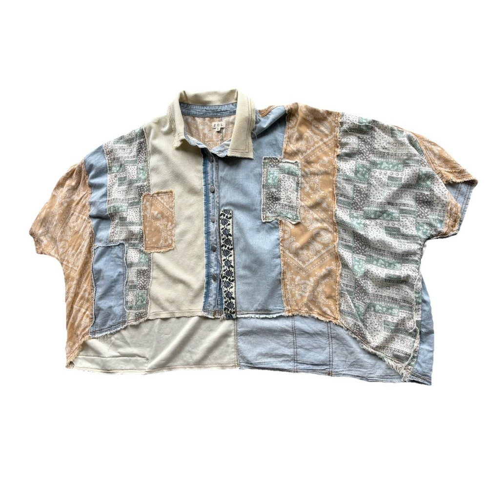 POL Shirt Women Medium Buckle Patchwork Boxy Very Oversized Boho Festival